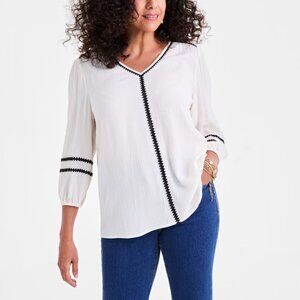 Style & Co Women's Sz M Textured Contrast Trim 3/4 Sleeve Antique White Top NEW